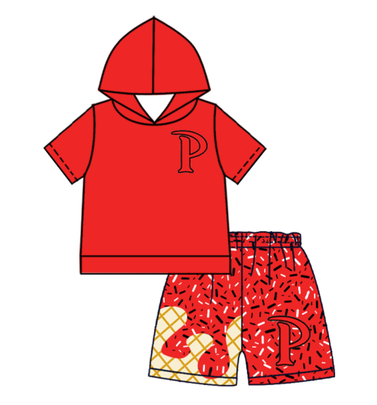 Custom moq 5 mix size milk silk summer teams baby boys clothes red hooded short sleeve shorts sets-25.10.27