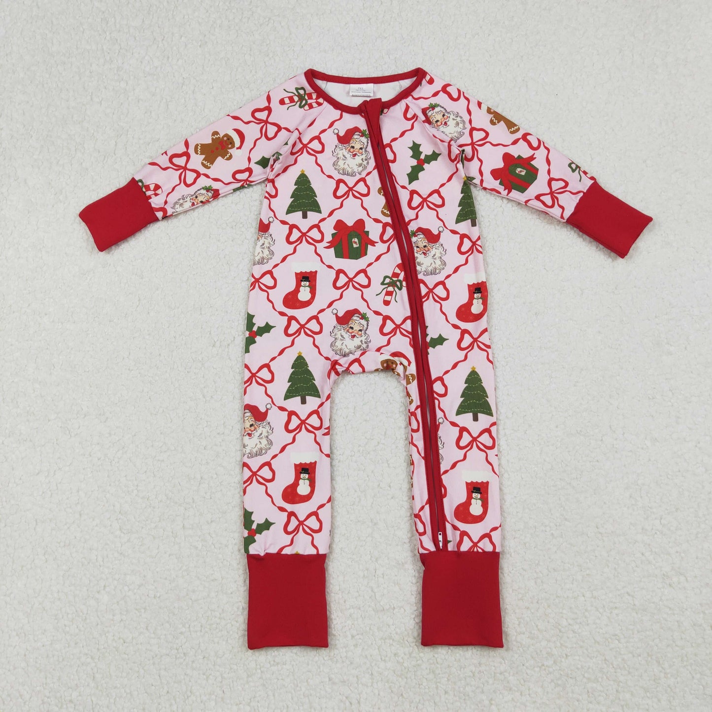 RTS NO MOQ（In Stock) LR2632 Santa Claus Stocking Gift Bow Pattern Plaid Pink Zipper Long-Sleeved Bodysuit in Pink
