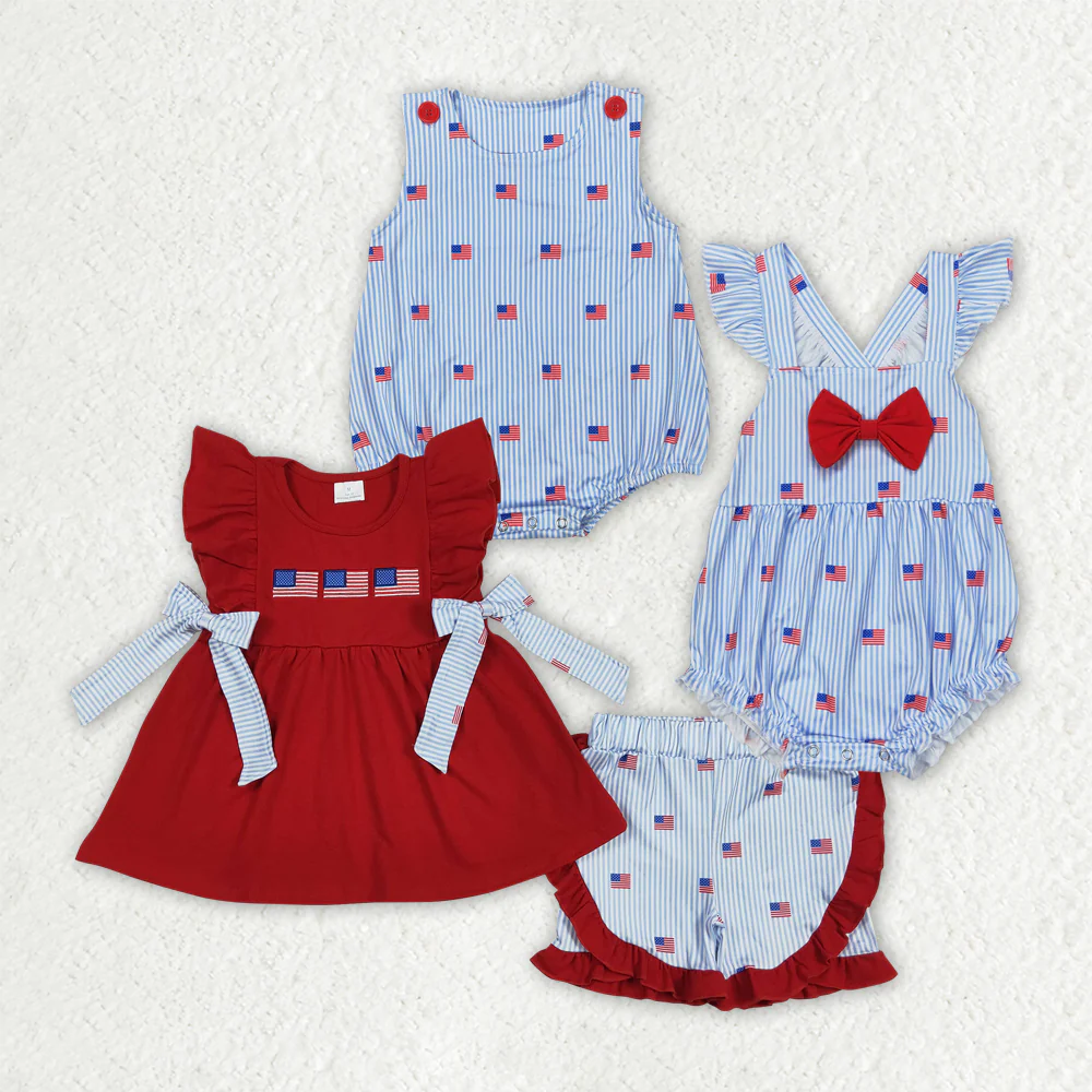 RTS 4th of july embroidery flag Short Sleeve Shorts Set romper