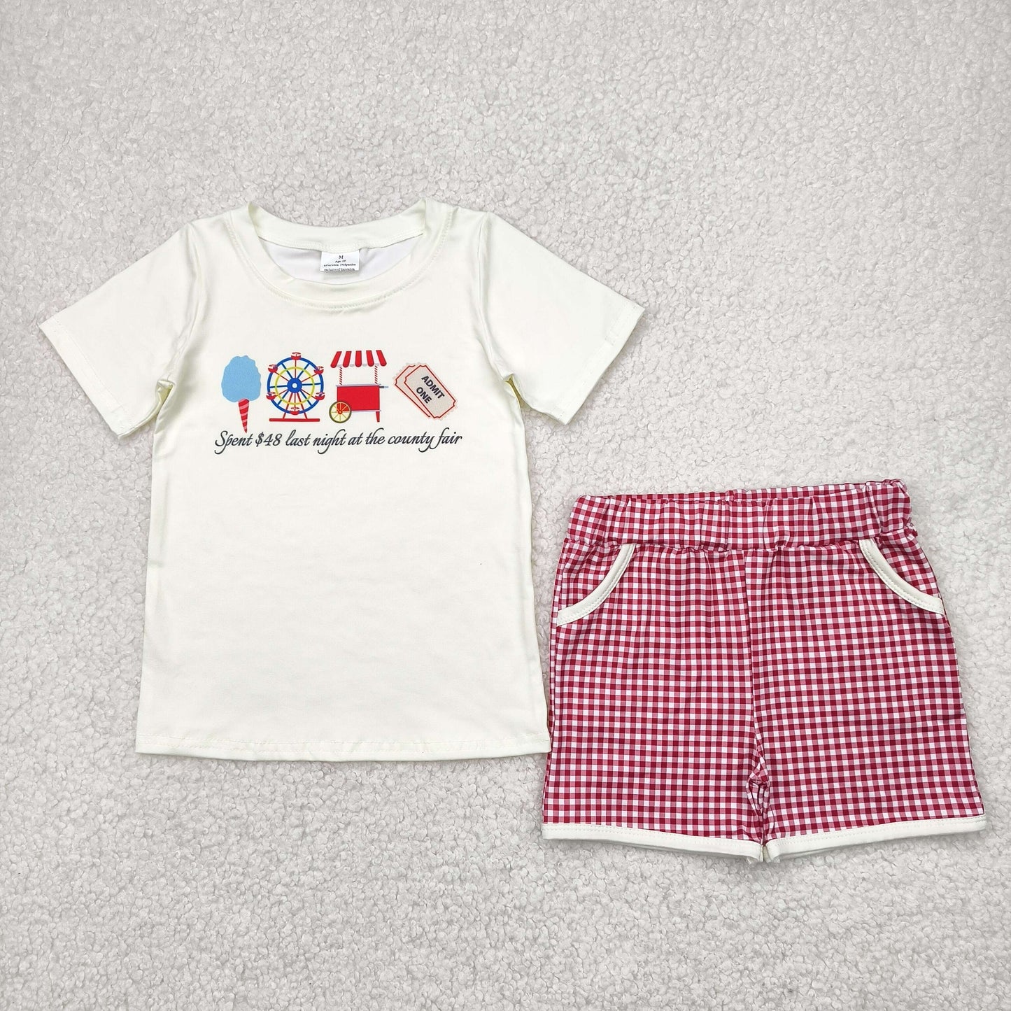 RTS NO MOQ BSSO1468 Ferris wheel letter beige short sleeve red plaid shorts suit 7