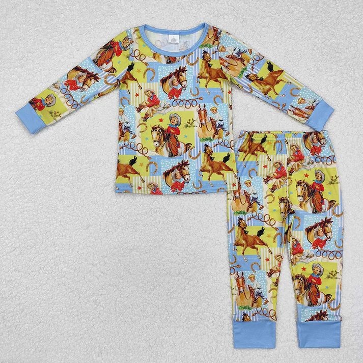 RTS NO MOQ bamboo western cowboy style boys long sleeve long pants pajamas set