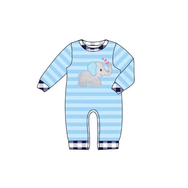 LR0902 Love Elephant Stripe Blue Plaid Trim Long Sleeve Jumpsuit