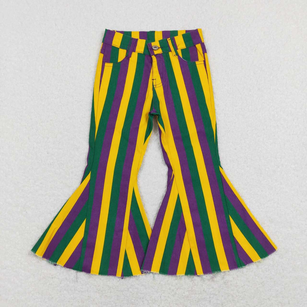 RTS NO MOQ Adults women and Baby Girls green, yellow and purple vertical striped denim flared pants