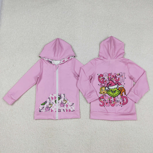 12/18m-7/8t RTS NO MOQ（In Stock) GT1142 cartoon Squad Plaid Pocket Rose Red Zipper Hooded Long-Sleeved Top