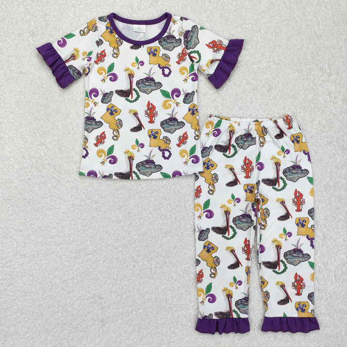 RTS NO MOQ Sibling Baby girls clothes mardi gras short-sleeved trousers suit & rompers
