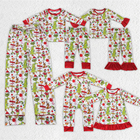 RTS NO MOQ Girls Boys Green Face Rompers Pants Pajamas Sets