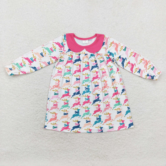 rts no moq GLD0648 Colorful reindeer rose red doll collar white long-sleeved dress