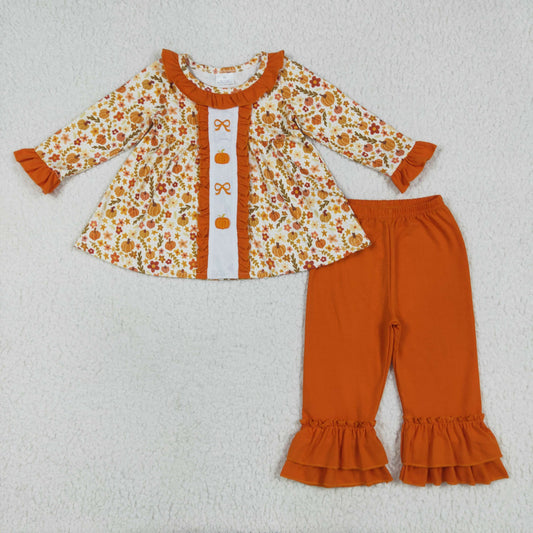 rts no moq GLP2361 Embroidered bow pumpkin flower leaf orange lace long sleeve trousers set