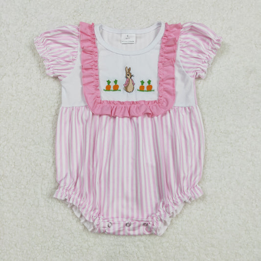 RTS NO MOQ ETA 5/7days arrived SR2144 Embroidered carrot rabbit lace pink striped short-sleeved jumpsuit