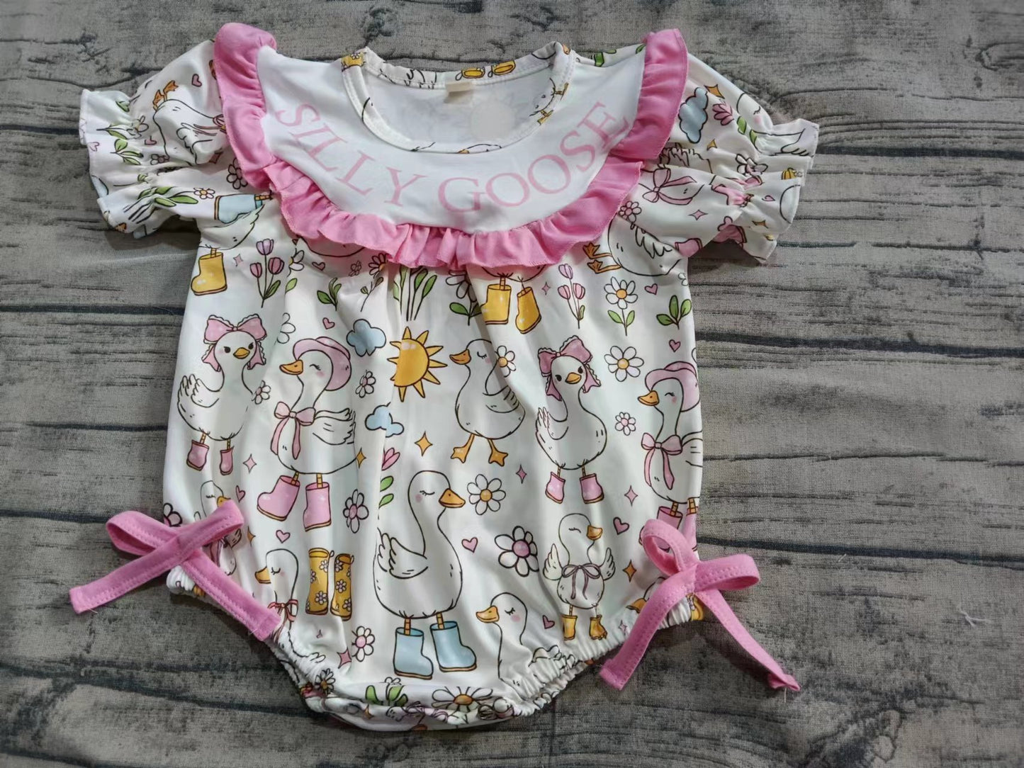 Custom moq 3 eta 6-7weeks baby girl clothes GOOSE pink short sleeve romper-25.5.9