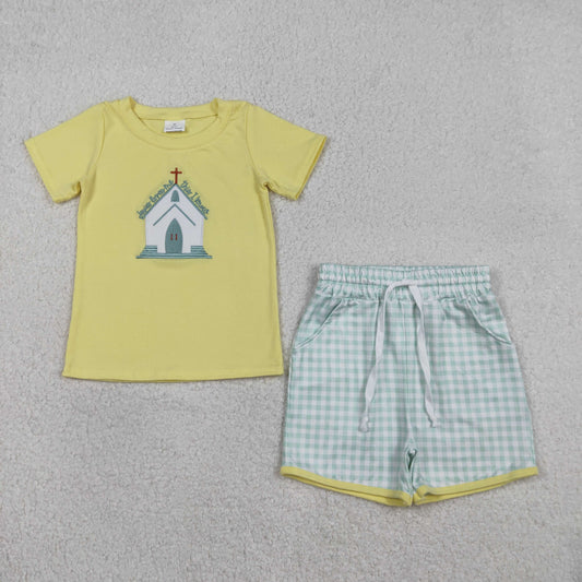 RTS NO MOQ（In Stock) BSSO1740 Embroidered Cross Yellow Short-Sleeved Top and Green Plaid Shorts Set