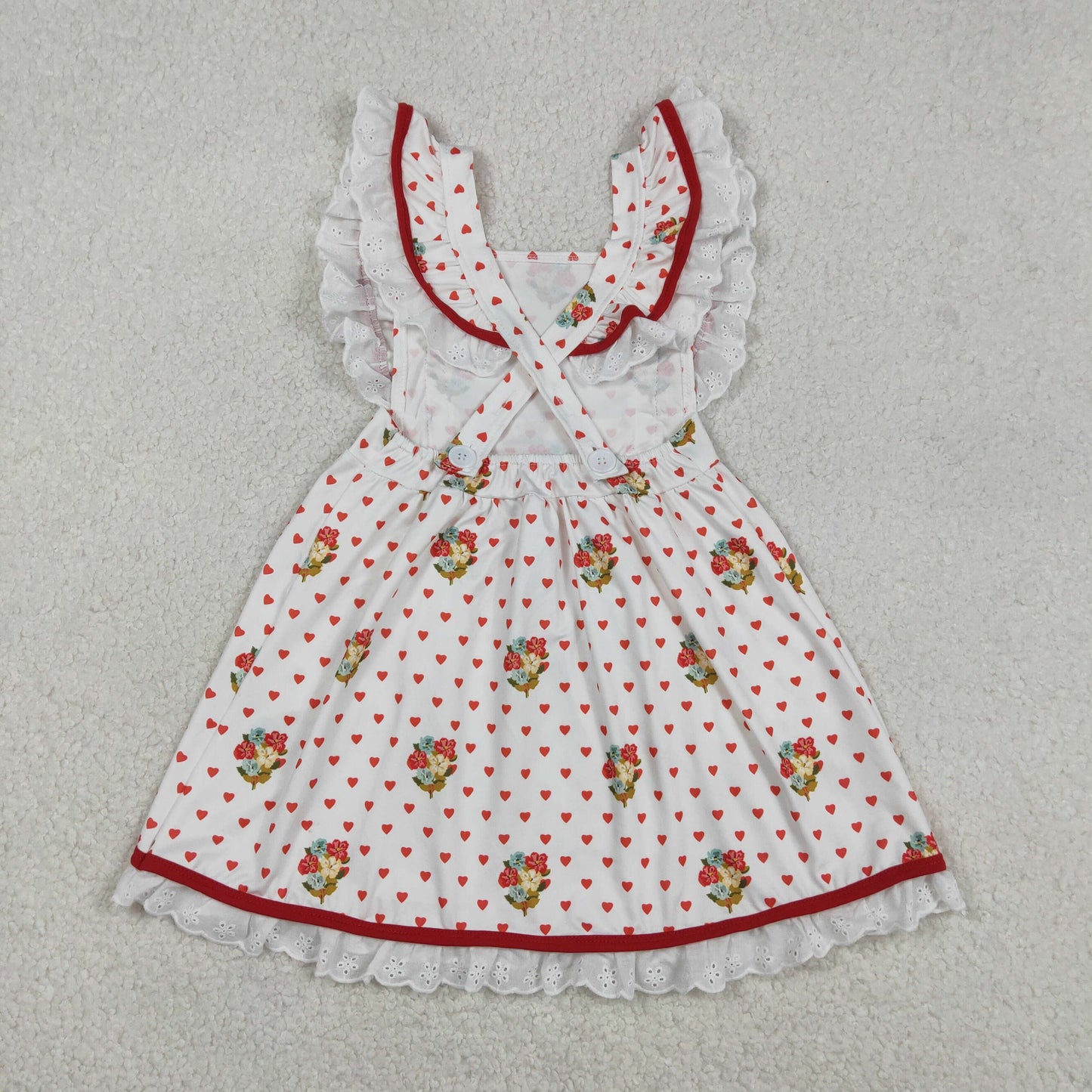 RTS NO MOQ（In Stock ) Valentine's Day Heart Puppy Lace Pocket Flutter Sleeve Dress