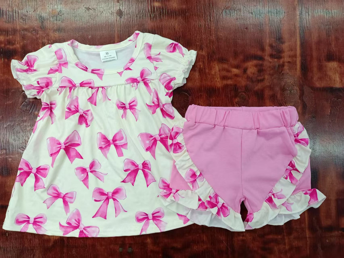 Custom moq 3 eta 6-7weeks baby girls clothes bow pink short sleeve shorts sets