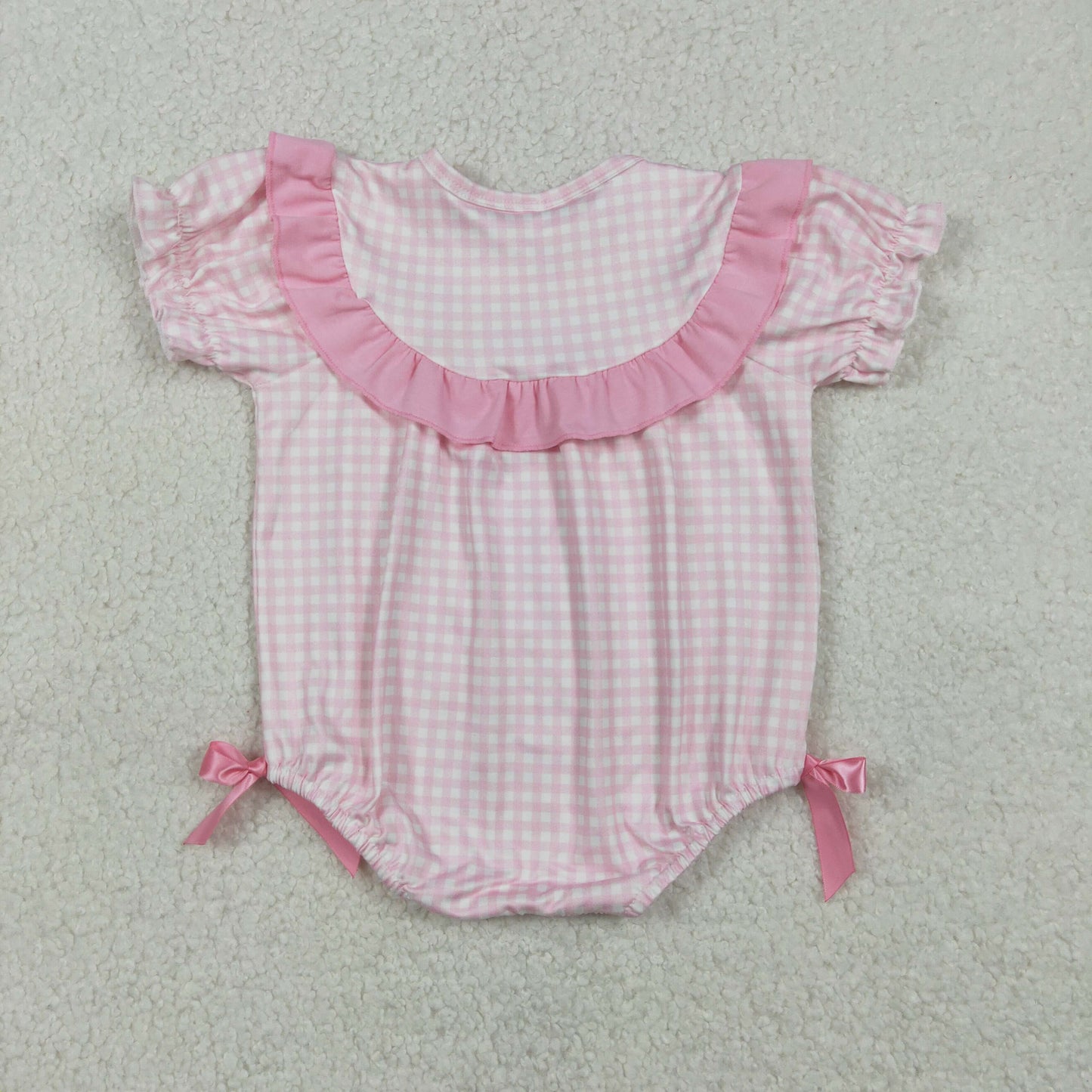 RTS NO MOQ（In Stock) Easter Butterfly, Chick, and Bunny Pink Plaid Short-Sleeve Jumpsuit
