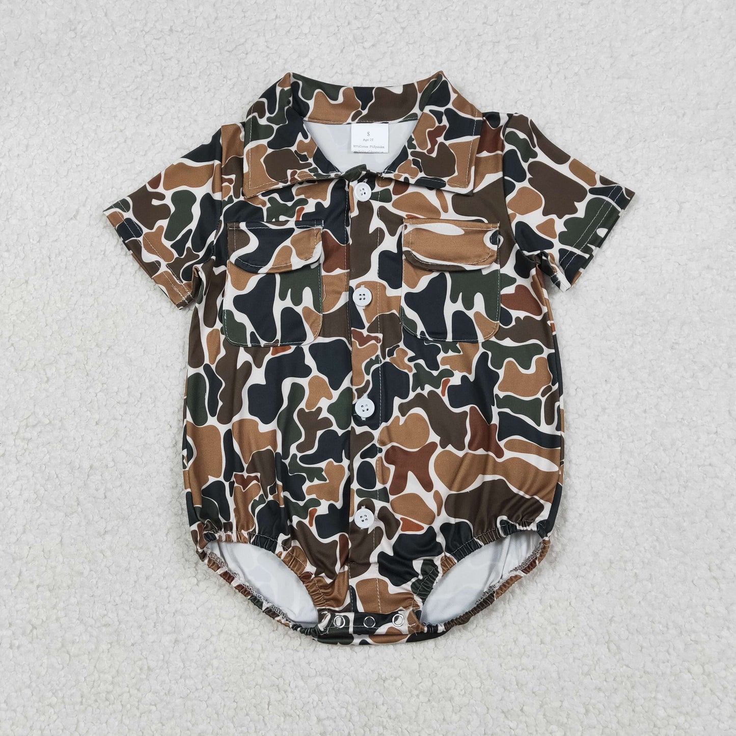RTS NO MOQ（In Stock) Brown-Green Camouflage Beige Pocket Button-Up Collar Short-Sleeve Jumpsuit