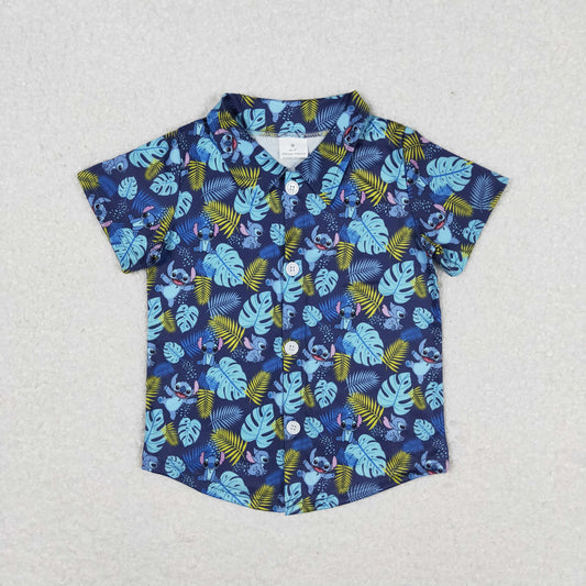 RTS NO MOQ（In Stock) BT0608 Cartoon Stitch Leaves Blue Button Short Sleeve Top