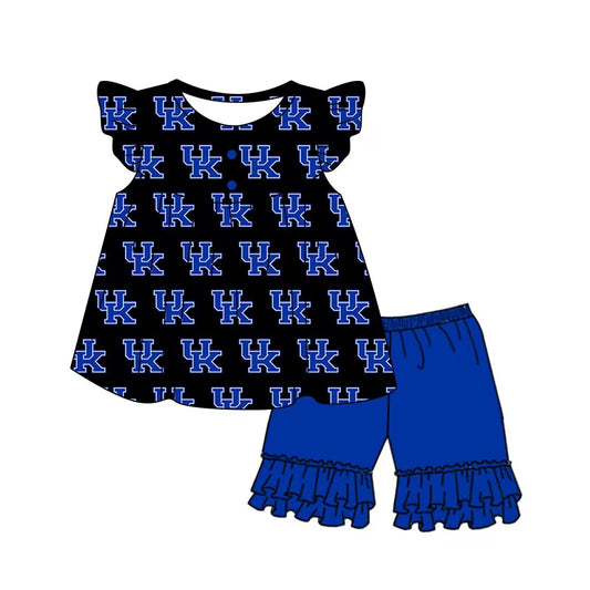 UK Summer Girl dark blue short sleeve shorts Set