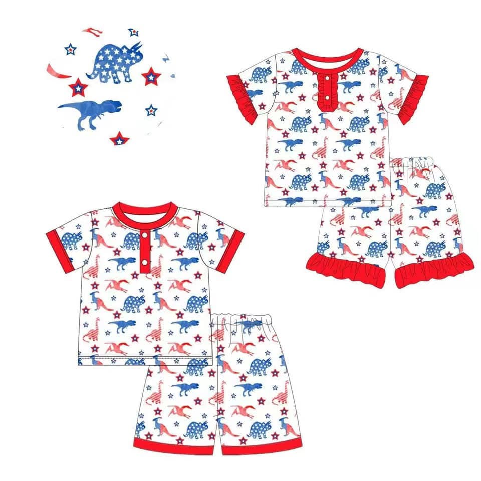Custom summer baby girls clothes dinosaur short sleeve shorts set 2