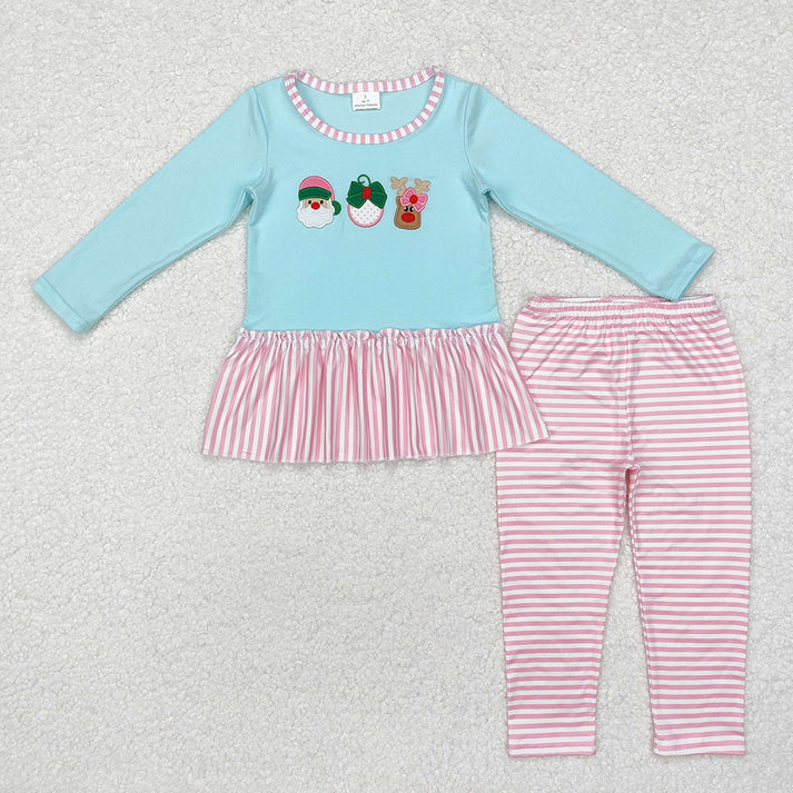 RTS NO MOQ Embroidered Santa Claus-Bell-Elk Pattern Sky Blue Splicing Pink Striped Romper & Long Sleeve Pants Set for Baby Girls