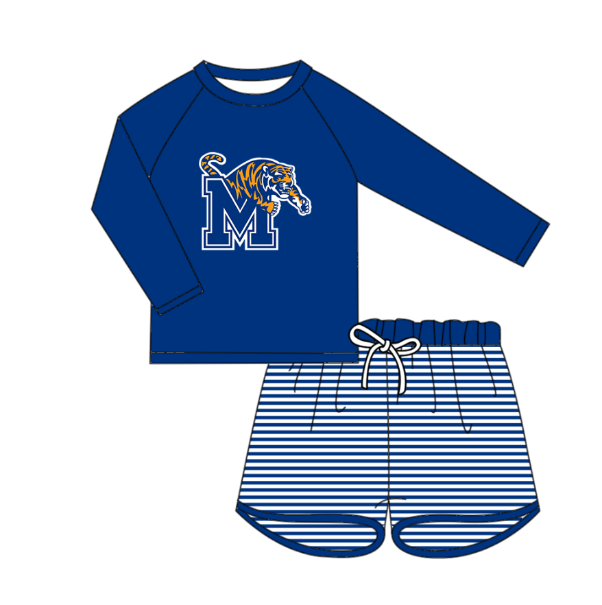 Custom moq 5 mix size milk silk baby boy clothes summer team blue long sleeve shorts sets and swimsuit