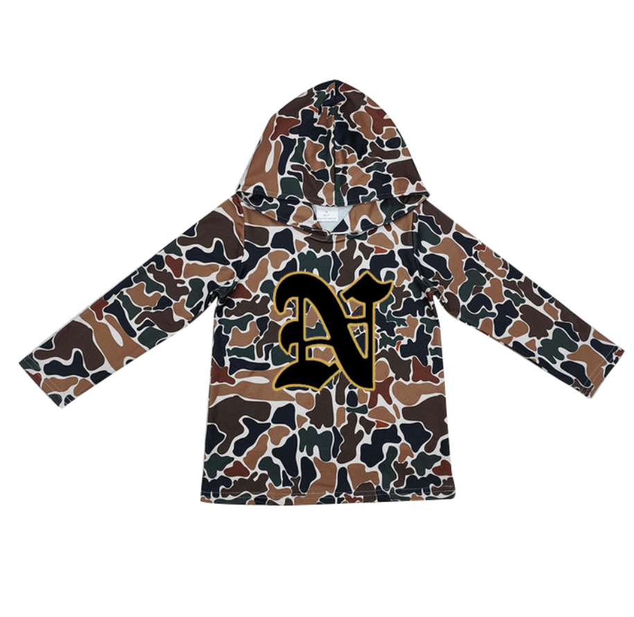 Custom moq 5 mix size milk silk summer team baby girls and boys clothes camouflage hooded long sleeve top-25.10.22