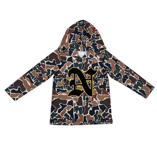 Custom moq 5 mix size milk silk summer team baby girls and boys clothes camouflage hooded long sleeve top-25.10.22