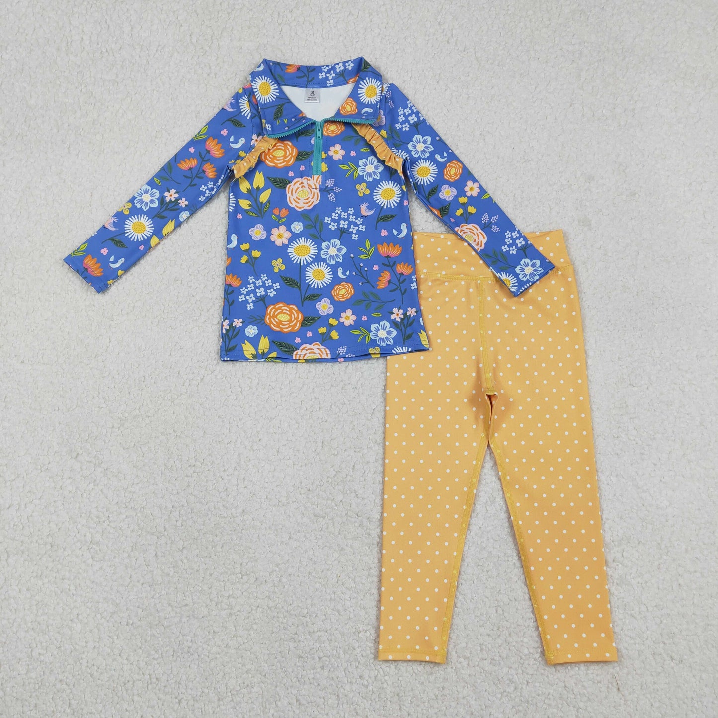 RTS NO MOQ（In Stock) Colorful Flower Royal Blue Zipper Long-Sleeved White Polka Dot Orange Pants Yoga Set