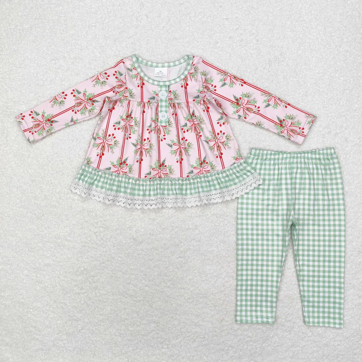 RTS NO MOQ Sibling baby girl clothes Christmas bow long sleeve pants Sets