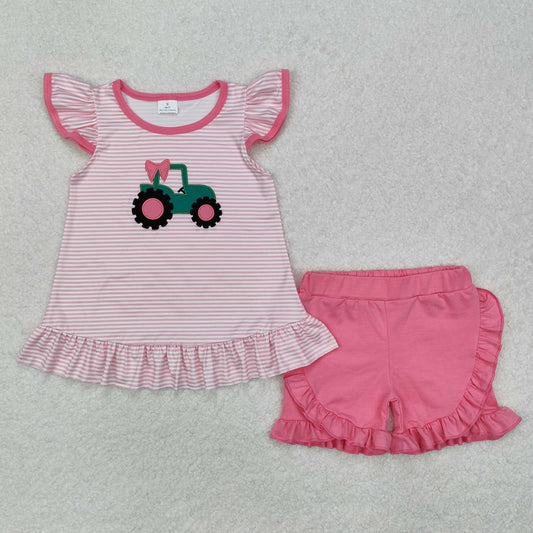 RTS NO MOQ ETA 5/7days Arrived GSSO1757 Embroidery farm tractor pink striped flying sleeve shorts set