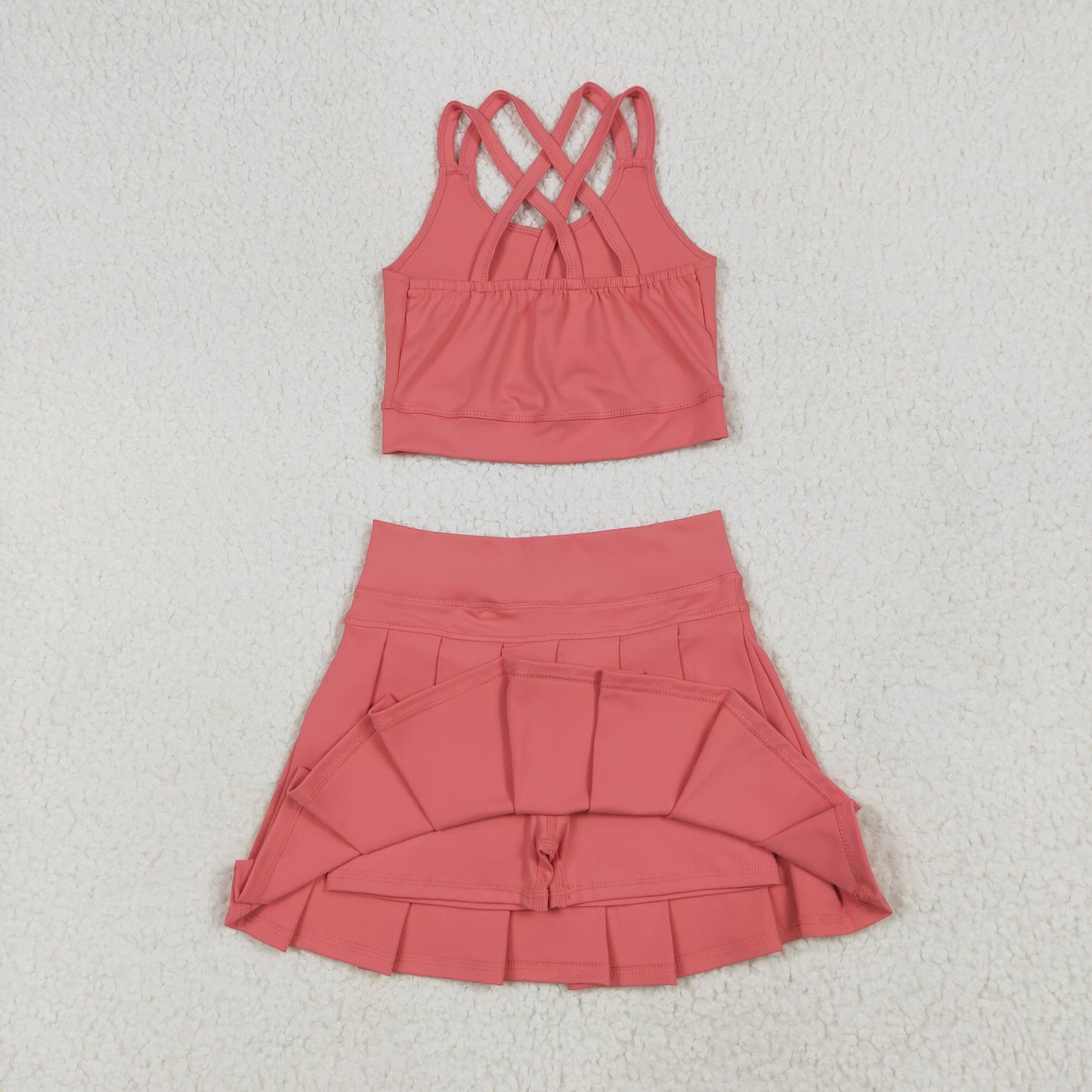 RTS NO MOQ GT1004+GLK0080 Pure coral red camisole yoga top skirt sets