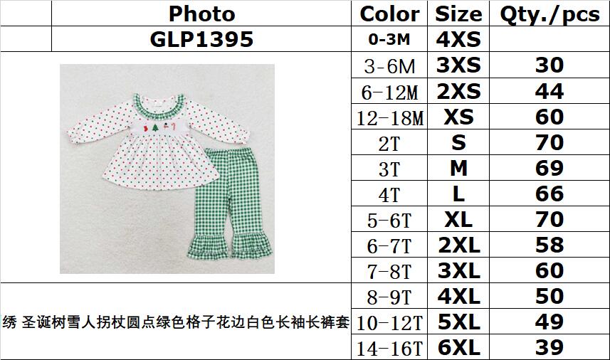 rts no moq GLP1395 Embroidered Christmas Tree Snowman Cane Polka Dot Green Plaid Lace White Long Sleeve Trousers Set