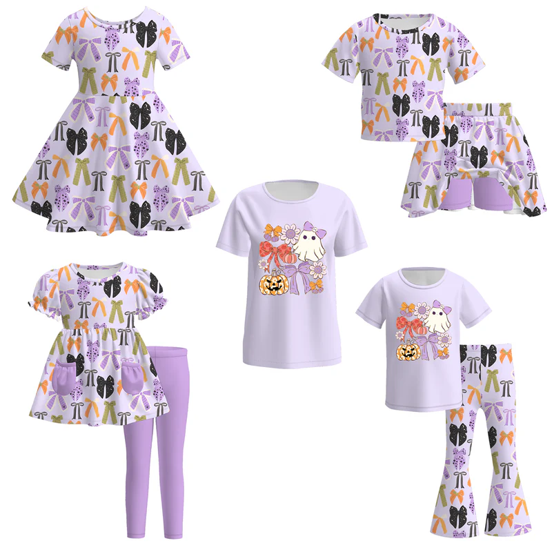 Custom moq 5 each style eta 6-7weeks baby girl bow purple short sleeve pants 1 and pants 2 and dress and shorts sets and top