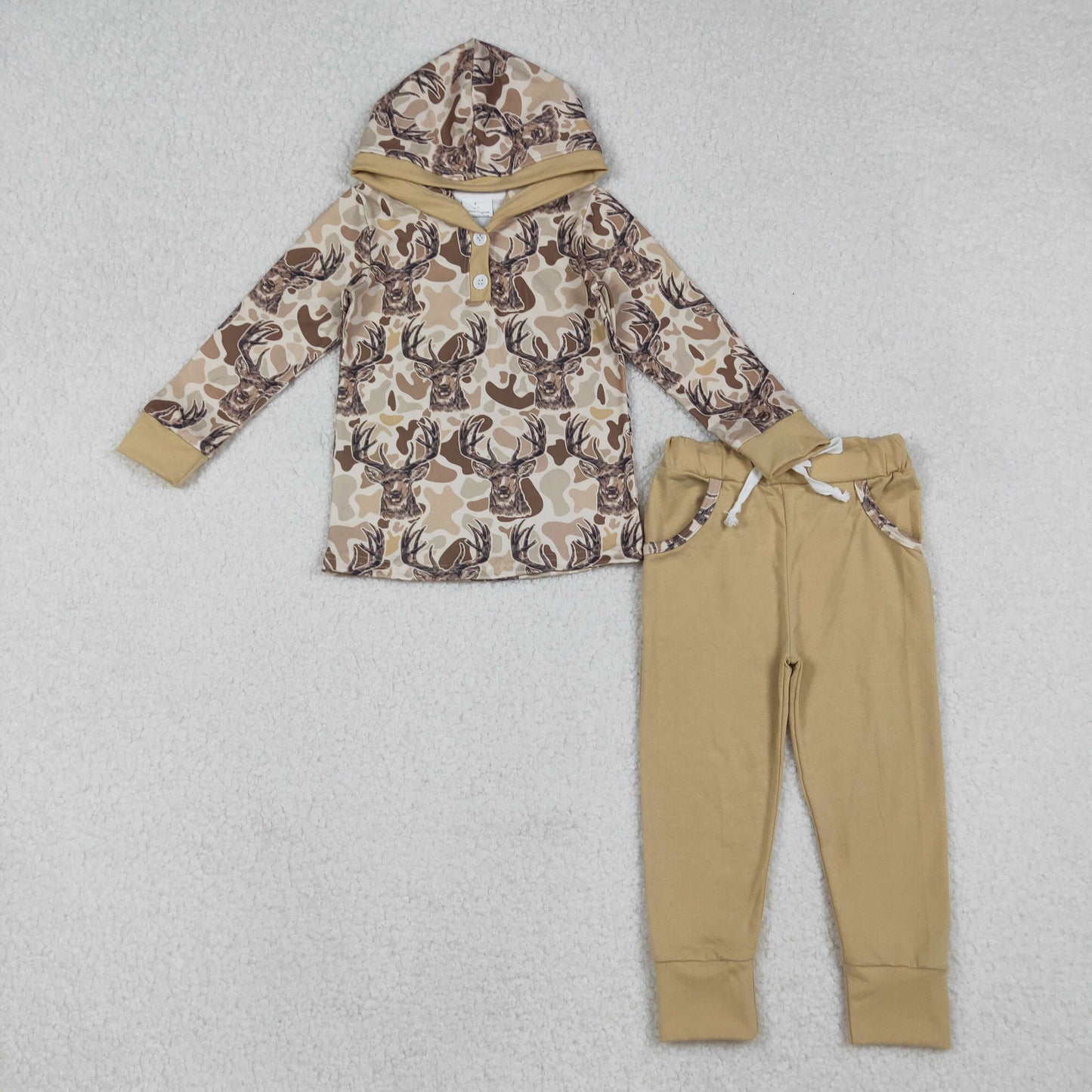 RTS NO MOQ（In Stock) Elk Camouflage Button-Down Hooded Long-Sleeved Light Brown Pants Set