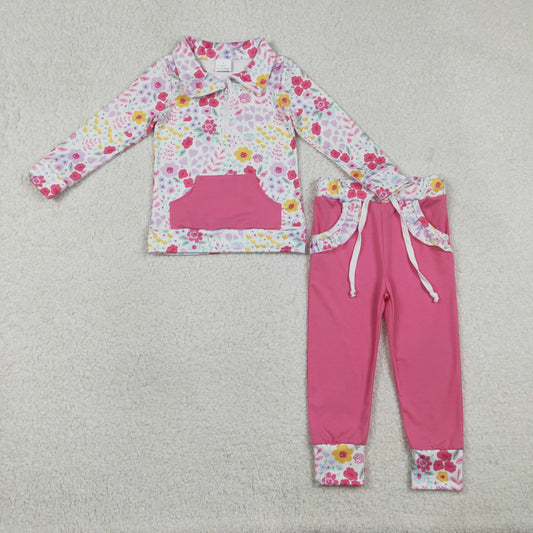 RTS NO MOQ（In Stock) Colorful Flower and Leaf Pink Pocket Zipper Long-Sleeve Pants Set