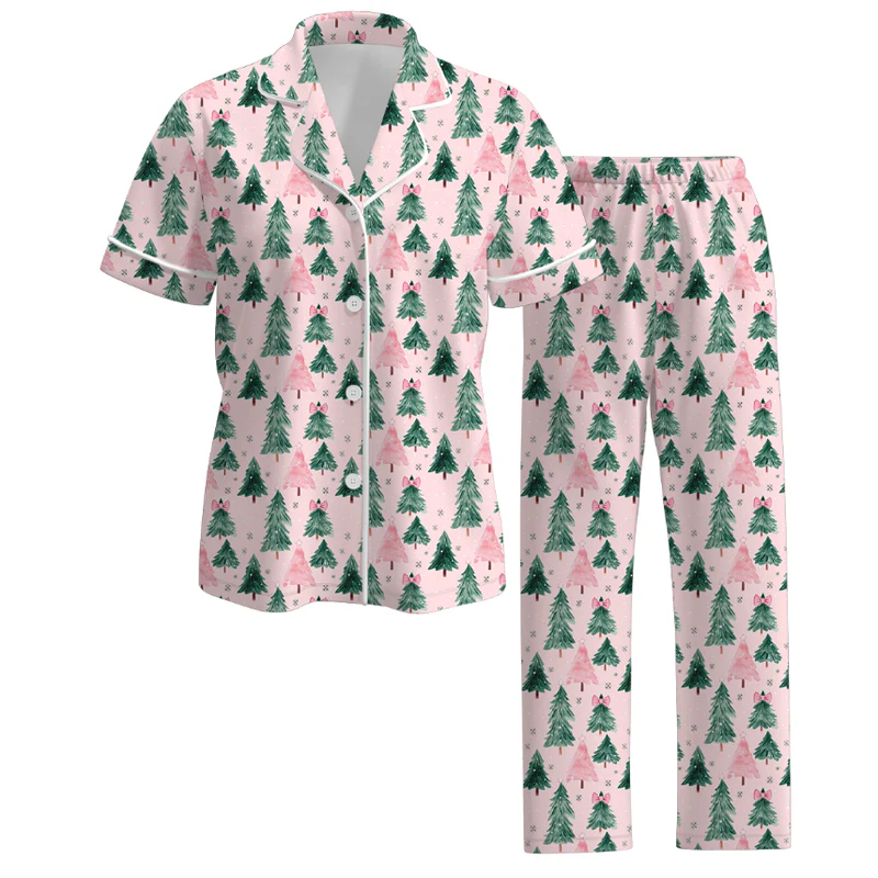 Custom moq 5 each style eta 6-7weeks Christmas trees pink baby girl short sleeve pant sets and long sleeve pants sets and dress and romper and adult set