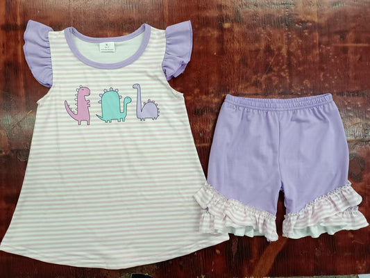 Custom moq 3 eta 6-7weeks baby girls clothes dinosaur purple striped flying sleeve shorts sets-25.4.30