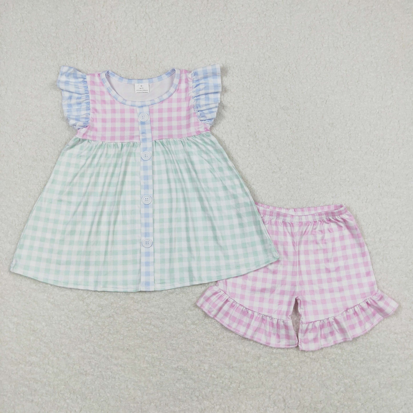 GSSO0744 Pink and green plaid flying sleeve shorts suit