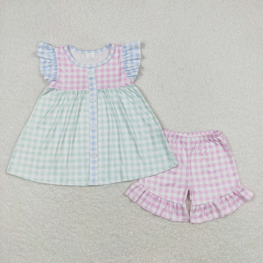 GSSO0744 Pink and green plaid flying sleeve shorts suit