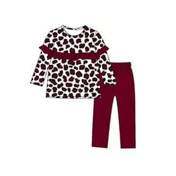 custom moq 3 eta 4/6 weeks baby girls clothes leopard dark red toddler summer outfit