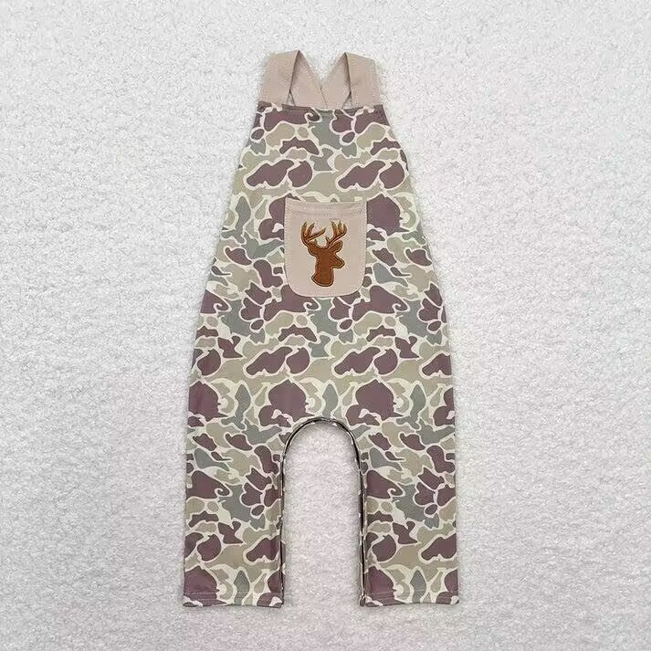 RTS NO MOQ Brown embroidered elk pattern long-sleeved suit & overalls & sleeveless romper & sleeveless zip-up vest