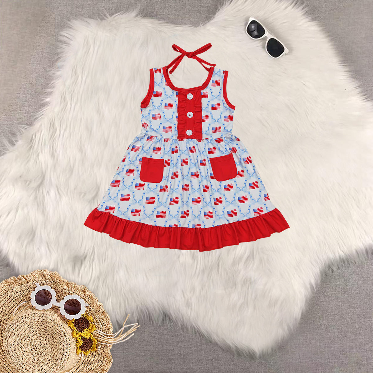 RTS baby girls clothes 4th of july short Sleeve dress romper