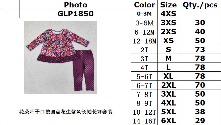 RTS NO MOQ ETA 5/7days Arrived GLP1850 Flower and leaf pocket polka dot lace purple long-sleeved trousers set