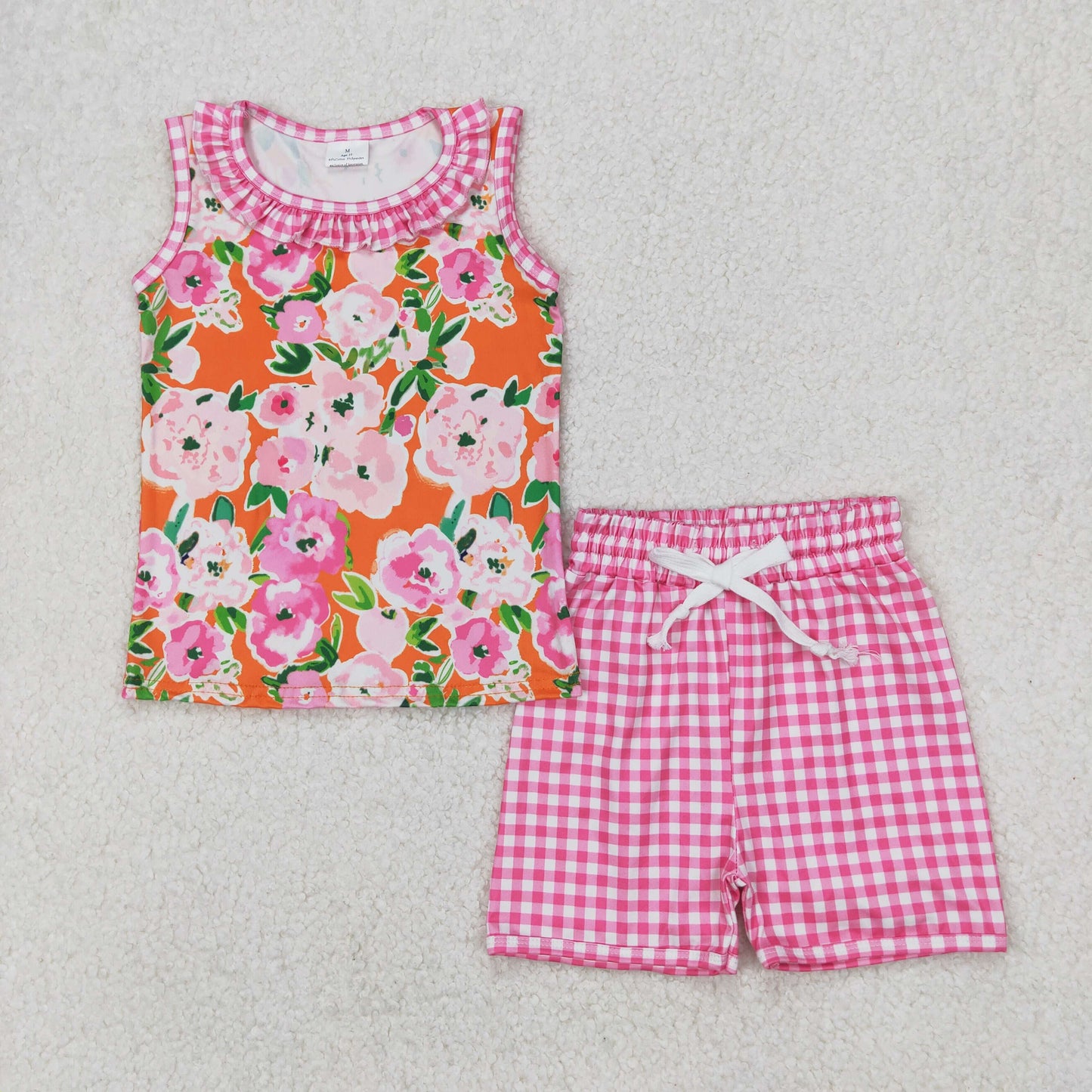 RTS NO MOQ ETA 5/7days Arrived GSSO2413 Flower leaf orange sleeveless pink plaid shorts set