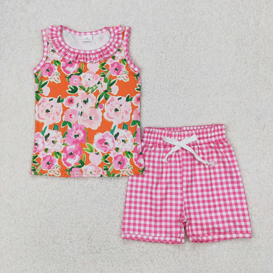 RTS NO MOQ ETA 5/7days Arrived GSSO2413 Flower leaf orange sleeveless pink plaid shorts set