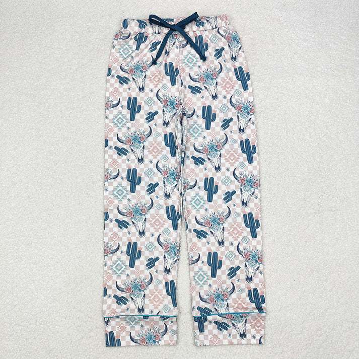 RTS NO MOQ Dark blue cactus-flower bull head pink plaid long-sleeved suit & crawling suit & adult trousers