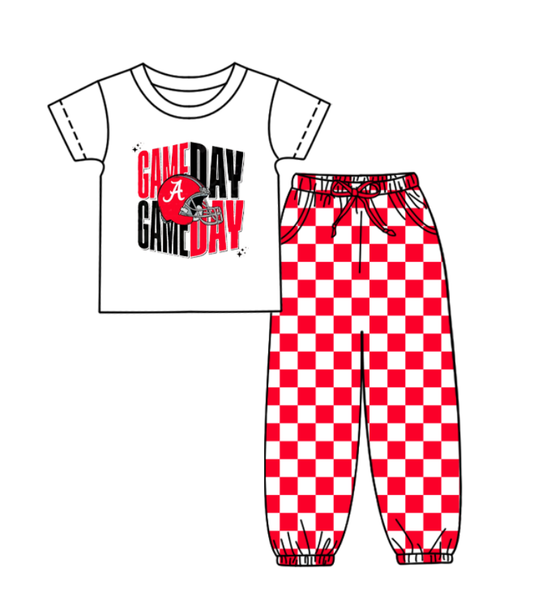 Custom summer teams baby girl clothes team GAME DAY red plaid short sleeve pants sets-25.8.22