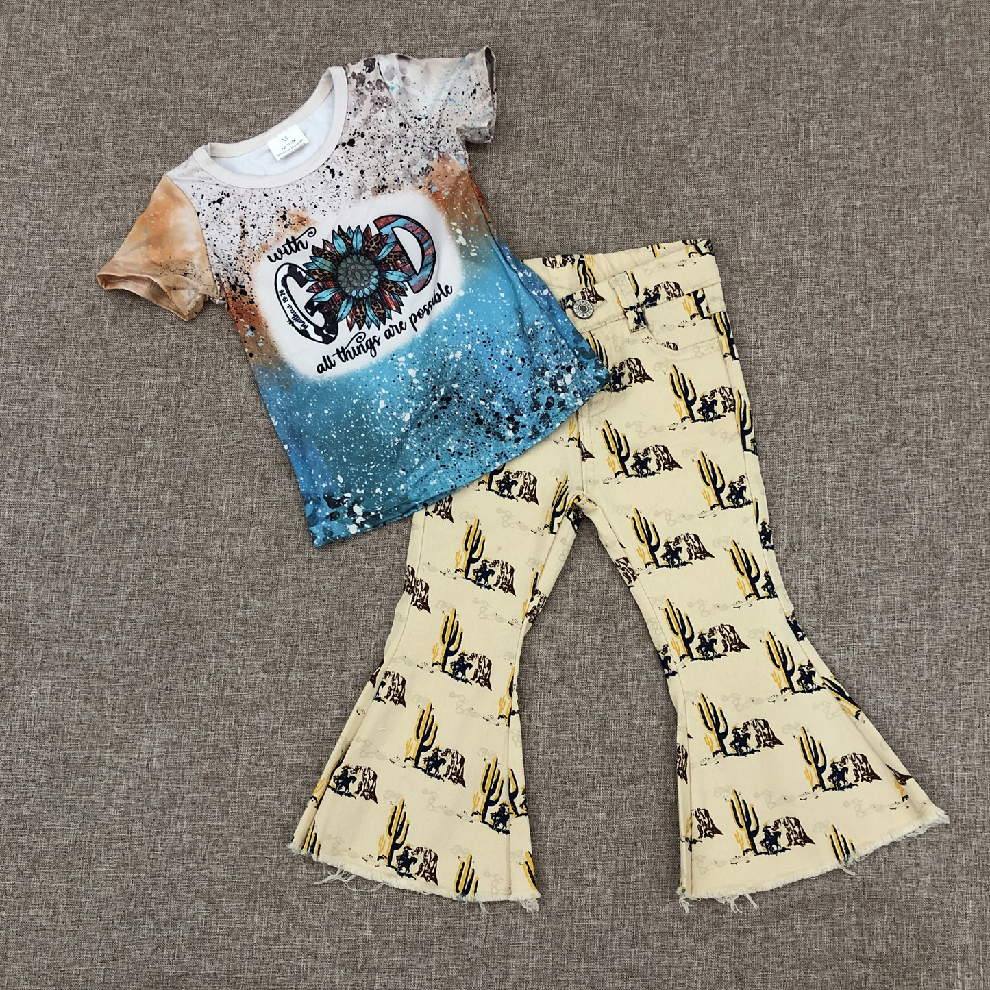 RTS NO MOQ Sibling baby girl clothes western catcus short sleeve top and jeans and sets