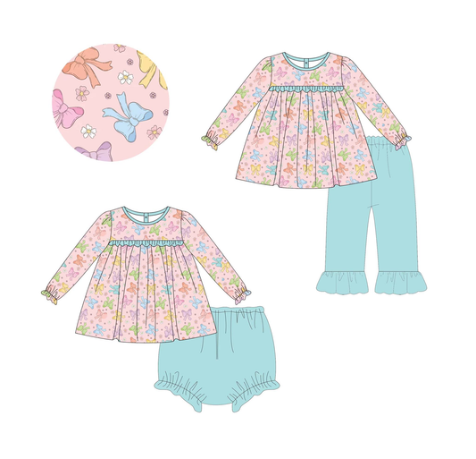 Custom moq 5 each style eta 6-7weeks baby girl clothes bow long sleeve pants and briefs sets
