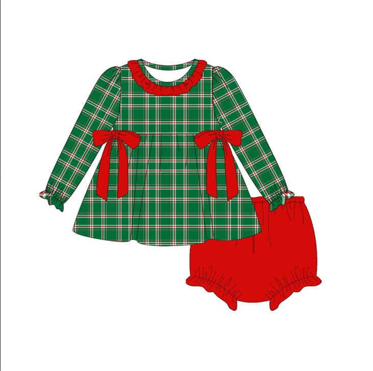 Deadline October 18 custom no moq eta 6-8weeks Green plaid long-sleeved top with red bow-red thong set