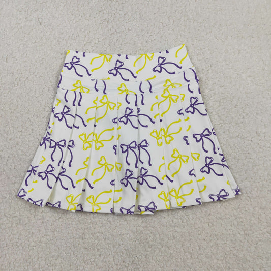 RTS NO MOQ（In Stock ) GLK0212 Yellow-Purple Bow Pattern White Pleated Yoga Skirt